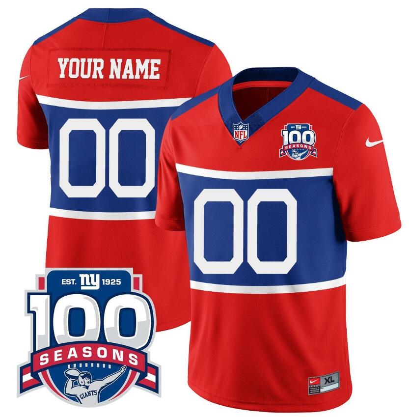 Men's New York Giants Customized Century Red 100TH Season Commemorative Patch Limited Stitched Football Jersey